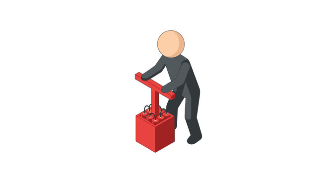 Cartoon character lifting heavy red toolbox with effort.