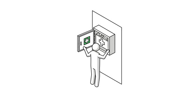 Illustration of person interacting with wall mounted ATM machine.