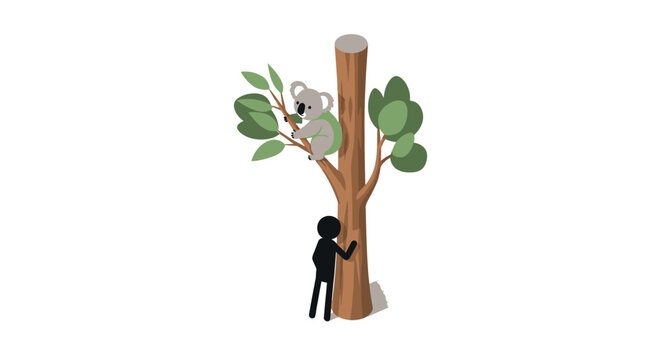 Cute black dog admiring koala in stylized tree.
