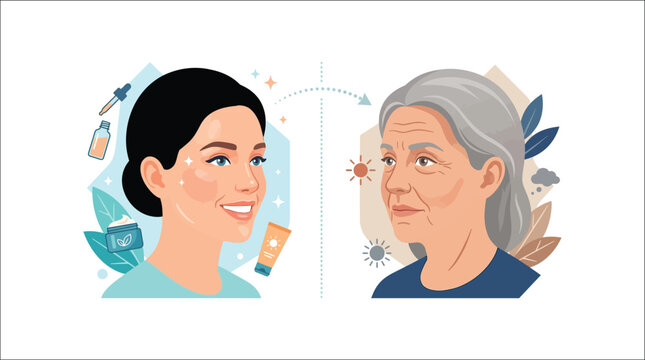 Skincare benefits and aging process woman face with rejuvenation products illustration.