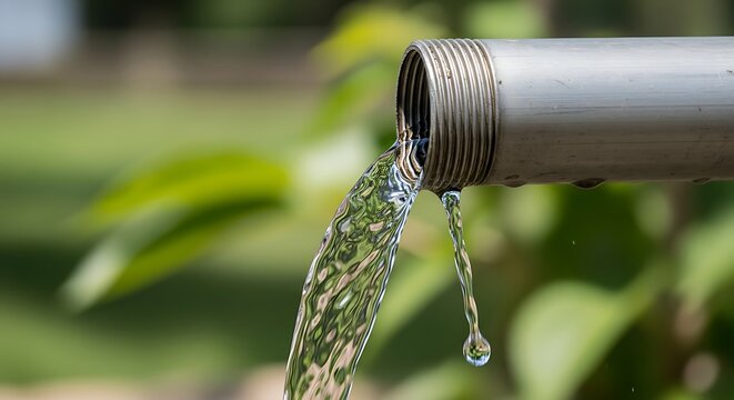 Clear water dripping from a silver colored outdoor metal pipe
