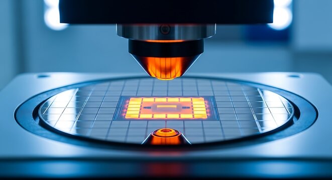 Close up of laser machine processing glowing semiconductor wafer in lab