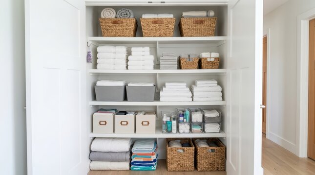 Folded towels and neatly labeled storage bins organized on multi shelf linen closet with wicker baskets in bright hallway storage area