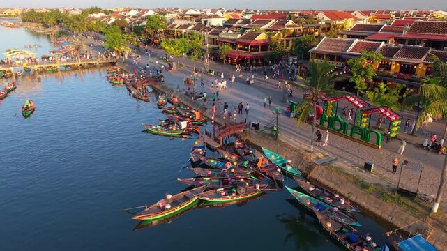 Aerial panoramic view of Hoi An city, Da Nang province, Vietnam. Panoramic footage of Hoian ancient town, UNESCO world heritage. One of the most travel popular touristic destinations 