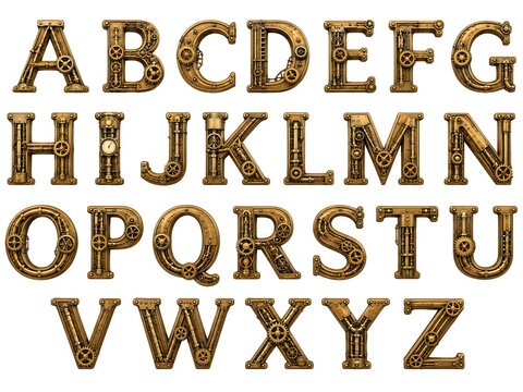 Alphabet characters in a steampunk style, featuring gears and metallic textures on a white background