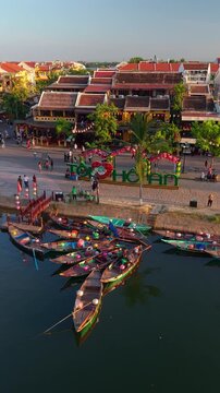 Aerial panoramic view of Hoi An city, Da Nang province, Vietnam. Panoramic footage of Hoian ancient town, UNESCO world heritage. One of the most travel popular touristic destinations 
