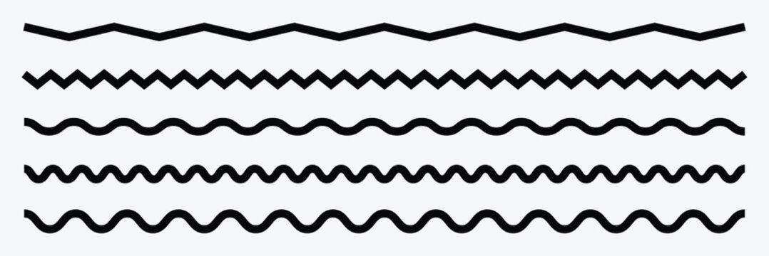 Wave line and wavy zigzag pattern lines. Vector black underlines, smooth end squiggly horizontal curvy squiggles. Wave line and wavy zigzag lines. Black underlines wavy curve zig zag line pattern . 