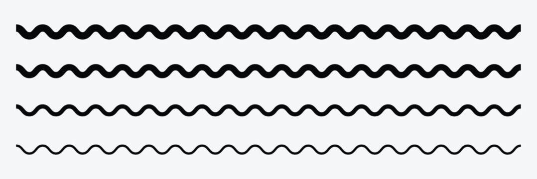 Wave line and wavy zigzag pattern lines. Vector black underlines, smooth end squiggly horizontal curvy squiggles. Wave line and wavy zigzag lines. Black underlines wavy curve zig zag line pattern . 