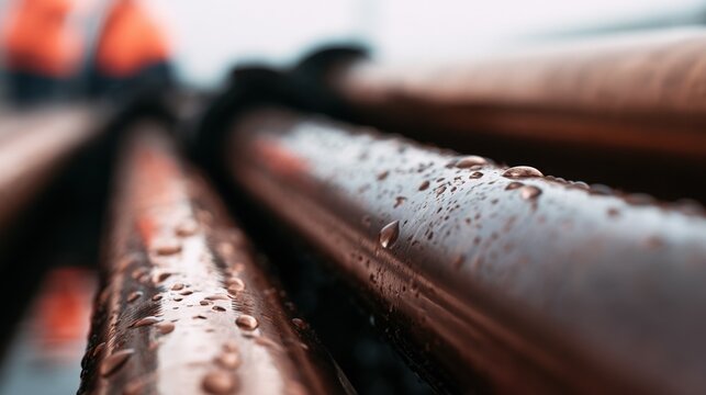 Water droplets on metal pipes in a construction area during a cloudy day with workers in the background