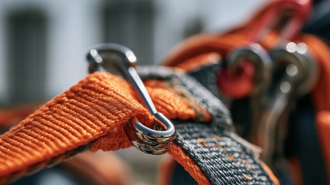 Adjusting climbing gear and safety harness in an outdoor setting during a sunny day while preparing for an ascent