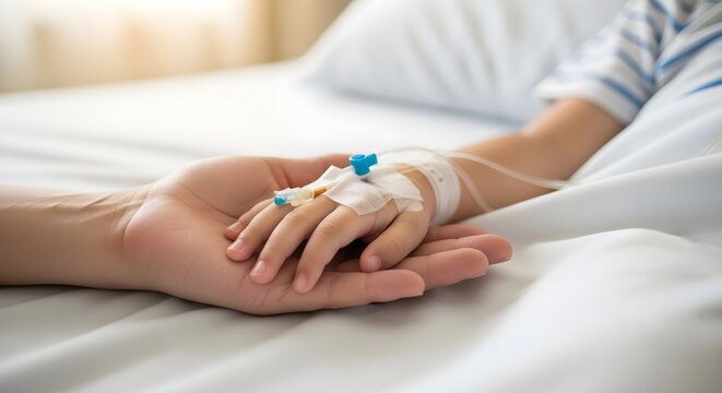 Caring Hand Holds Child's Hand with Iv Drip in Hospital Bed
