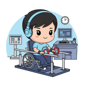 Kawaii chibi character in a wheelchair performing physical therapy exercises using parallel bars and hand rings in a rehabilitation clinic with medical equipment and computers.