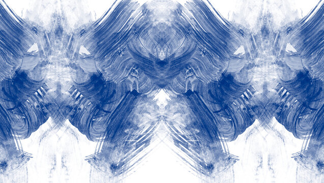 Manchas de tinta azul sobre fondo transparente, evocando una figura abstracta tipo Rorschach. Sugiere formas org&aacute;nicas y ca&oacute;ticas, como ra&iacute;ces o criaturas enfrentadas.,