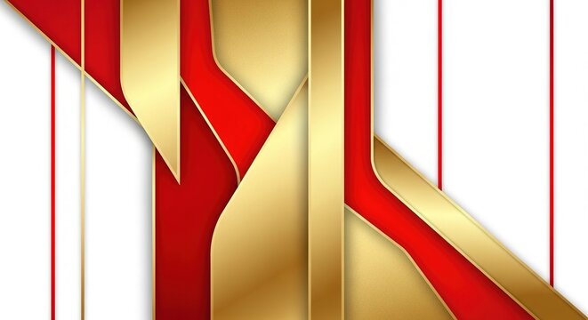 Red and gold abstract design with metallic ribbons on white background