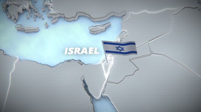 3D map animation of Israel with glowing borders and national flag pin on metallic terrain. Ideal for international news broadcasts, geopolitical documentaries, and corporate presentations.
