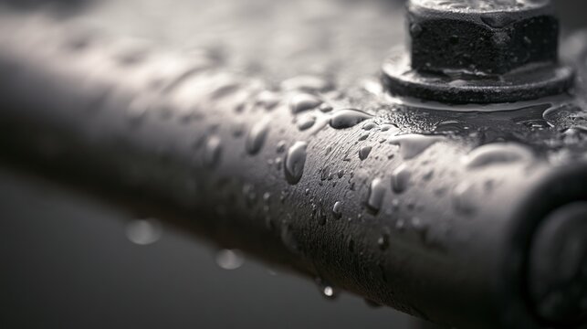 Close-up view of wet metal surface with water droplets, showing texture and reflections after rain in an industrial setting during the day
