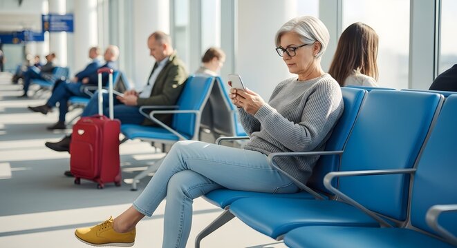 Mature Woman in Airport Lounge Checks Her Mobile Phone While Waiting for Flight
