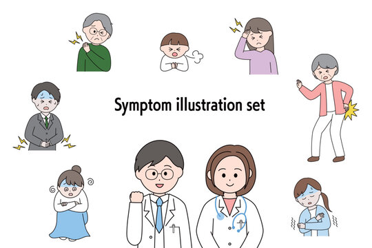さまざまな病気や不調の症状と医師のイラストセット