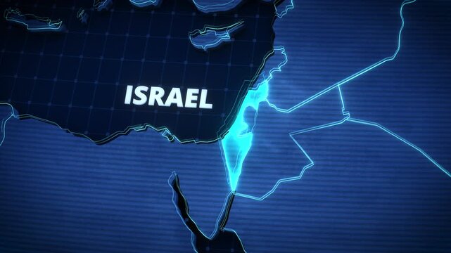3D digital map of Israel with glowing neon borders and typography on a dark tech grid, ideal for geopolitical news broadcasts and documentary graphics.

