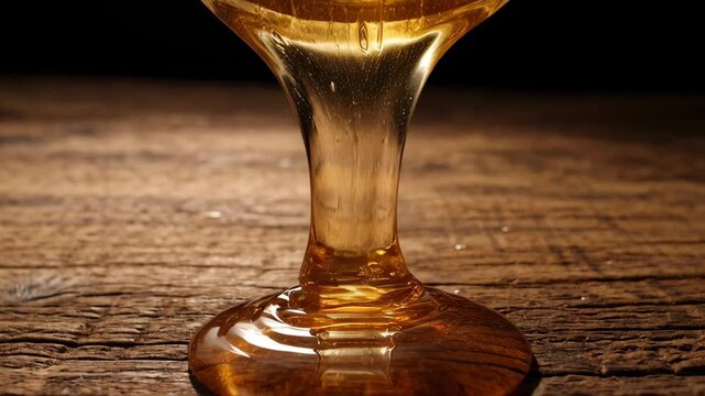 Golden shilajit honey slowly pouring onto a rustic wooden surface. Natural health and wellness concept.