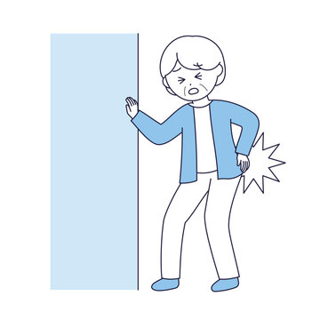 腰を痛めて壁に手をつく高齢の女性のかわいいイラスト