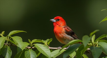Fototapeta premium Male Scarlet Tanager Perched on a Branch Amidst Lush Green LeavesVibrant Red Scarlet Tanager Perched on a Branch Amidst Greenery