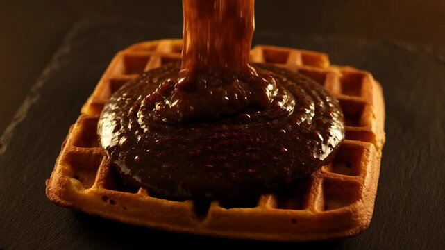 Rich shilajit honey elixir pouring onto a golden waffle. Nutrient dense superfood for wellness.