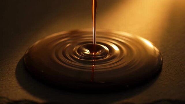 Shilajit resin flowing onto a dark surface creating ripples. The rich dark substance reflects warm golden light.