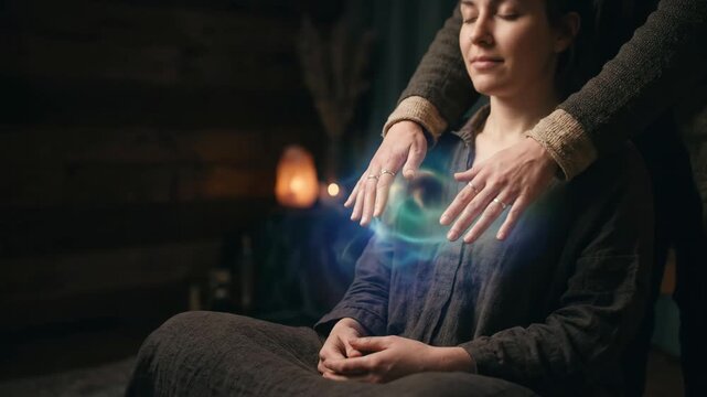 Healer performing reiki energy therapy on a woman. Energy medicine session with glowing aura light. Holistic alternative treatment for mental peace and balance.
