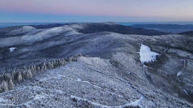 Winter Landscape Blue Hour Aerial Backward Reveal
