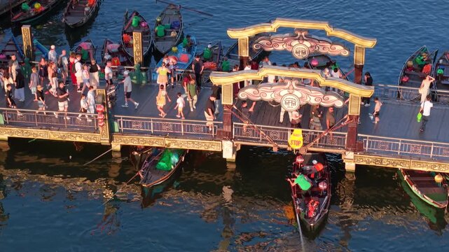 Aerial panoramic view of Hoi An city, Da Nang province, Vietnam. Panoramic footage of Hoian ancient town, UNESCO world heritage. One of the most travel popular touristic destinations 