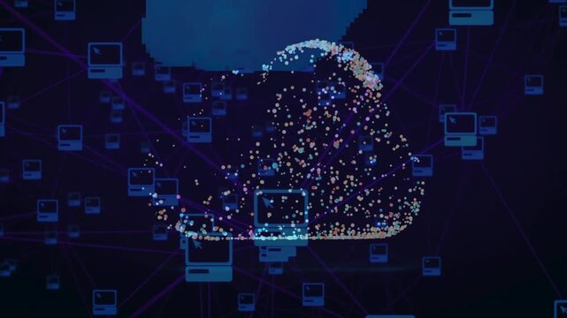 Abstract neon multi-colored particle cloud shape connected to desktop computer monitor icons over black network backdrop.