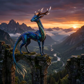 Fantasy Majestic Kirin Creature Standing on Stone Ruins at Sunset Mountain Landscape