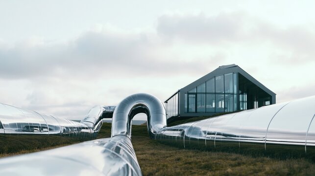 Modern structure with transparent tubes in open area during cloudy day in natural setting