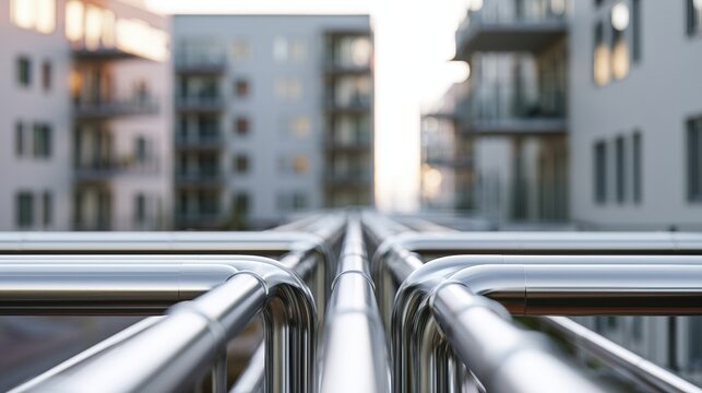 Metal railing lines up between apartment buildings during a clear evening in an urban area