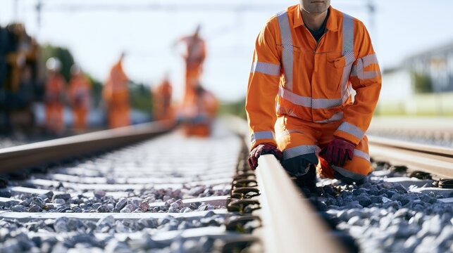 Railway workers perform track maintenance in daylight at a railway line with clear surroundings in a busy work setting