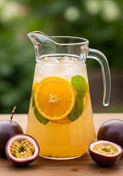 Glass pitcher with orange slice and mint leaves on wooden table with passion fruits