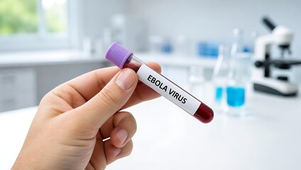 Fototapeta premium Hand holding Ebola virus blood sample in test tube in laboratory setting for medical research purposes