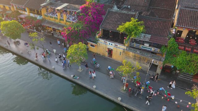 Aerial panoramic view of Hoi An city, Da Nang province, Vietnam. Panoramic footage of Hoian ancient town, UNESCO world heritage. One of the most travel popular touristic destinations 