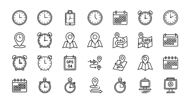 A vector illustration of 35 time and location scheduling outline icons arranged in a clean grid layout on a solid white background. The set includes clocks, wall clocks, alarm clocks, calendars, locat