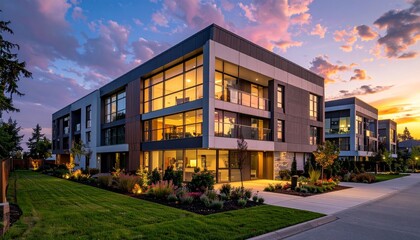 Obraz premium A luxury villa with a modern facade and balcony stands as a residential home on the beach hill at night under a blue sky