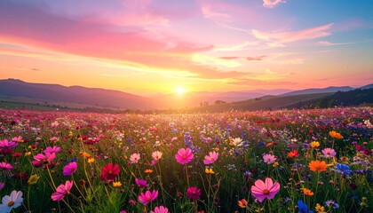 Fototapeta premium A vibrant field of red poppy flowers blossoms under a dramatic blue sky as the evening sun sets over the serene rural landscape