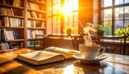 Fototapeta premium A steaming cup of hot black coffee and an open book rest on a rustic wooden cafe table next to a white saucer, creating a cozy morning breakfast scene