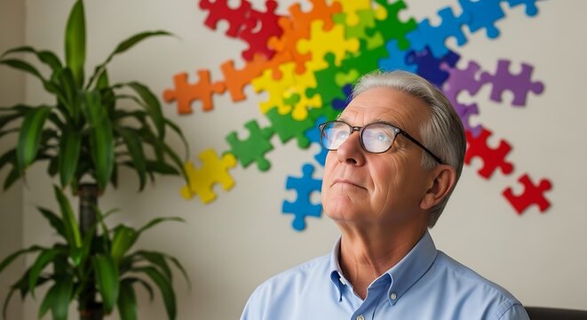 Thoughtful older man in glasses looking upward with colorful jigsaw puzzle pieces