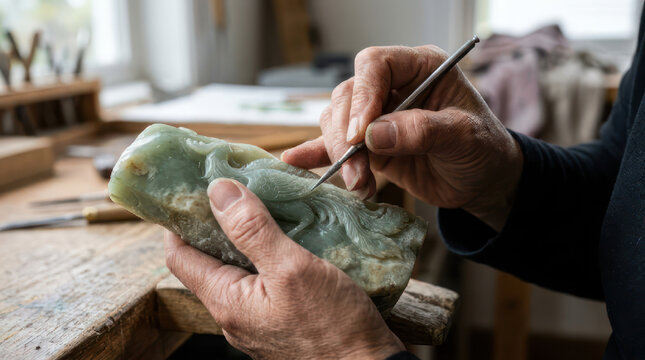 Hands meticulously carving intricate details into a piece of jade stone.