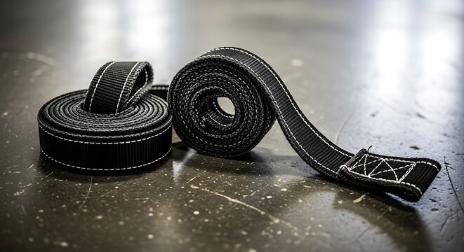 Two coiled heavy duty black polyester lifting straps with reinforced stitched loops.