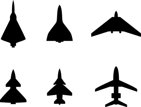 Aircraft models top view vector icons set. Silhouettes of American and Russian military and civilian aircraft models. Plane illustration sign collection. Airplane symbol. Air plane, plane, travel.
