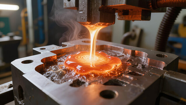 Molten metal pouring into a precision casting mold. Concept of heavy industry, metallurgical process, metal smelting, and industrial manufacturing technology