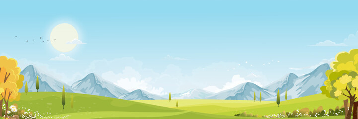 Naklejka premium Background nature landscape with green meadow, mountain scenery and blue sky panorama. Spring summer countryside banner with trees, hills, sunlight and outdoor cartoon illustration for seasonal design