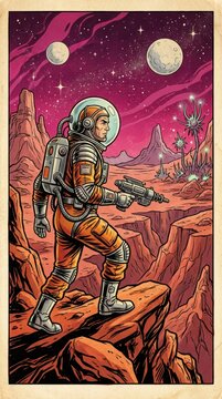 Retro science fiction illustration of an astronaut exploring an alien planet with strange glowing flora